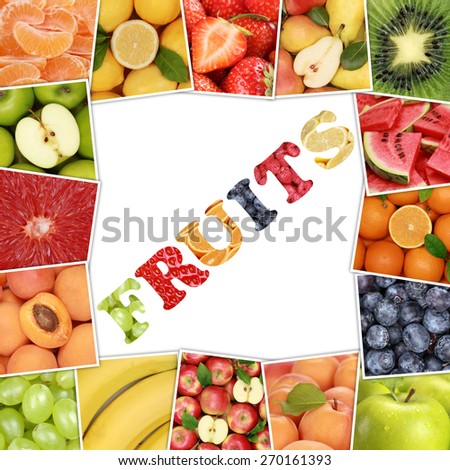 Frame from fruit with word fruits like apple, orange, lemon, banana and strawberry
