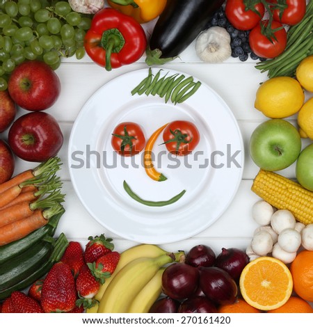 Vegetarian and vegan eating smiling face from vegetables and fruits on plate