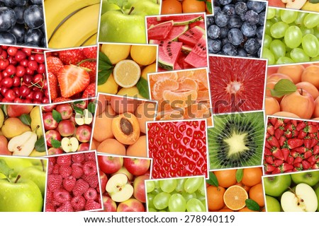 Vegan and vegetarian fruits background with apples, oranges, strawberries, banana, cherries