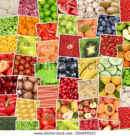 Fruits and vegetables background with tomatoes, lemons, apples, oranges
