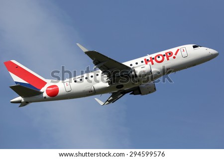 TOULOUSE, FRANCE - MAY 28: A Hop Air France Embraer ERJ-170 takes off on May 28, 2015 in Toulouse. Hop is a French regional airline and a subsidiary of Air France.