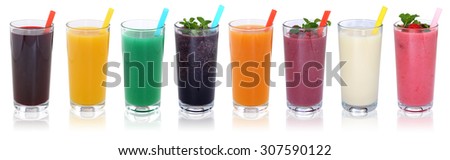 Smoothie fruit juice smoothies drinks with fruits in a row isolated on a white background