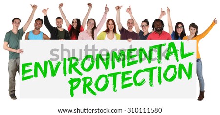 Environmental protection group of young multi ethnic people holding banner isolated
