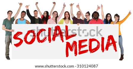 Social media networking happy group of young multi ethnic people holding banner isolated