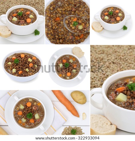 Collection of lentil soup soups stew meal with lentils in bowl