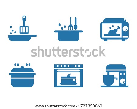 Kitchen equipment manchine icon set , fried pan, boiled pot with fork and spoon, rosted chicken in microwave, steam pot, baked cake in oven and mixer blender prepare ingredient for desserts.