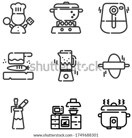 Icon set of electric kitchen equipments and chef symbol, spinner, air fryer, bread maker, cutting plate and knife, espuma