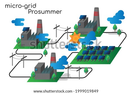 Graphic design of micro-grid prosummer and consummer in renewable energy trading digital platform. For peer to peer electical trading via electrical national grid protect global warming situation.