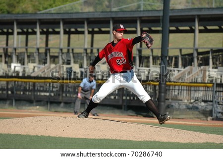 HICKORY, NC - APRIL 8: Hickory Crawdads pitcher Joe Weiland takes the mound against the Greenville Drive, on April 8, 2010 at LP Frans Stadium in Hickory NC.