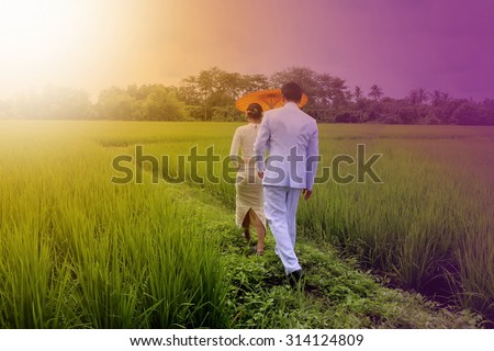couple of women and man with Thai traditional dress walking on path on rice field, Chiang Mai, Thailand