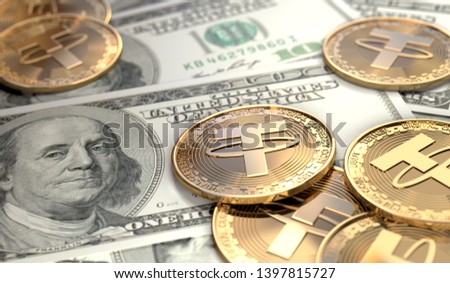 Tether coins on United States bank notes. 3D Rendering. Сток-фото © 