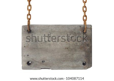 wooden sign on the chains on white.