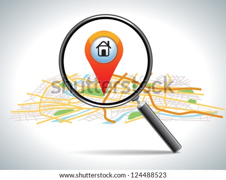  search for home on map location, vector illustration