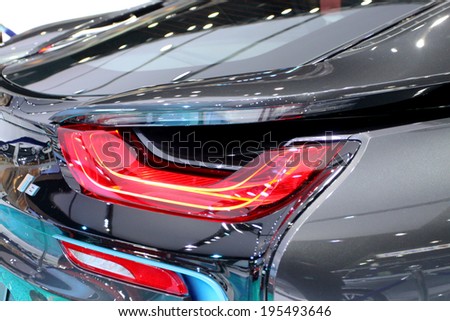 Bangkok - April 2 :Tail light of  BMW series I8 innovation car - in display at 35th Bangkok International  Motor Show 2014 on April 2,2014 in Bangkok Thailand