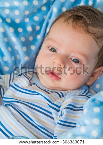 Portrait of a 2 months old baby boy on a blue blanket.