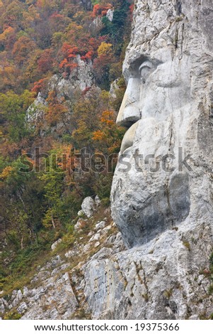 Decebal\'s head carved in rock in the Iron Gates Natural Park, Romania.