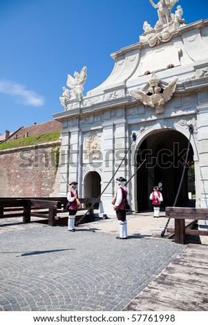 ALBA IULIA, ROMANIA - JULY 12: Since 2009 at 12 sharp takes place the ceremonial of changing the guard at  Alba Carolina Fortress on  July 12, 2010 in  Alba Iulia, Romania.