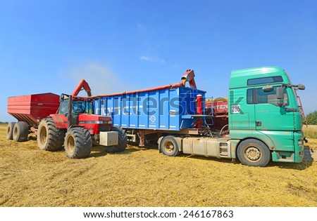 Kalush, Ukraine - AUGUST 11: Overloading grain silo with a tractor in a car in the field near the town Kalush, Western Ukraine August 11, 2014