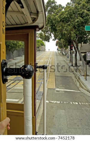 Famous cable car in San Francisco in motion, view from inside