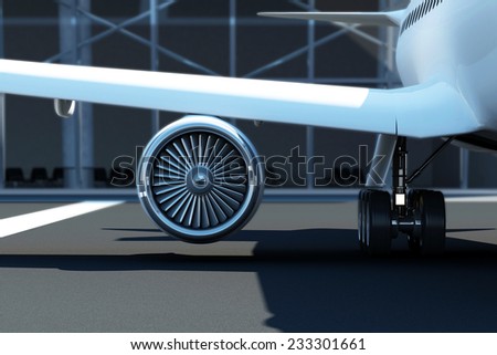 Close-up View of Airplane Turbine Engine. Passenger Aircraft at the Airport Waits near the Terminal