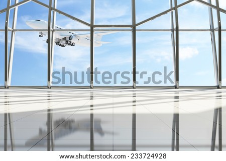 Airport Terminal Waiting Area. Empty Hall Interior with Large Windows and Flying Airplane behind. Passenger Airplane of My Own Design