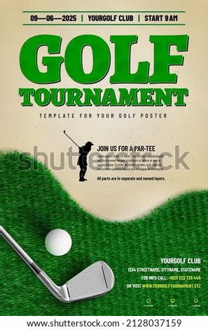 Golf tournament poster template with club, ball, grass texture and copy space for your text - vector illustration