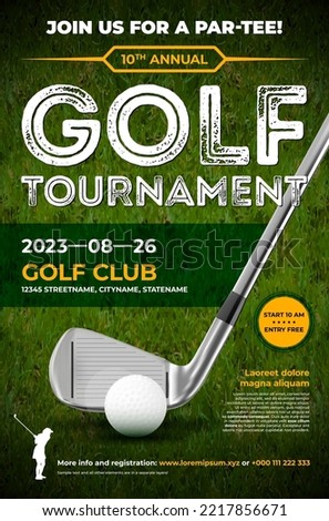 Golf tournament poster template with golf club, grass and copy space for your text - vector illustration