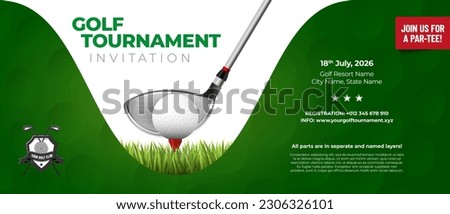 Invitation template for golf tournament. Golf ball, golf stick, green background and copy space for your text. Vector illustration.