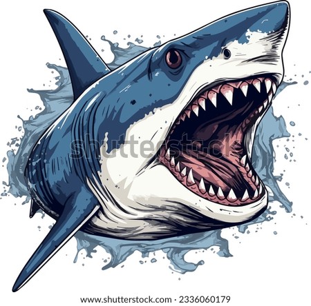 Shark with open mouth full of sharp teeth and water around it - isolated on white background. Vector illustration.