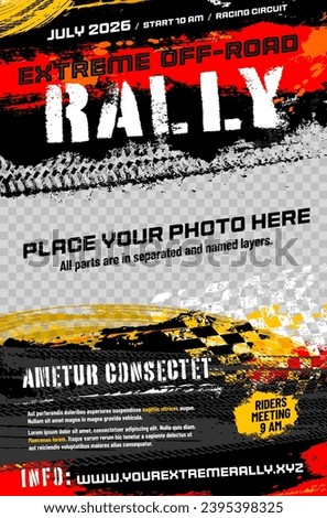 Grungy background with abstract tire tracks, chess flag and place for your photo and text - off-road rally poster template. Vector illustration.