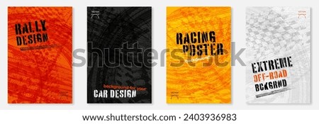 Set of four grungy backgrounds with abstract tire tracks and chess flags for your rally, racing, car, off-road design - vector illustration
