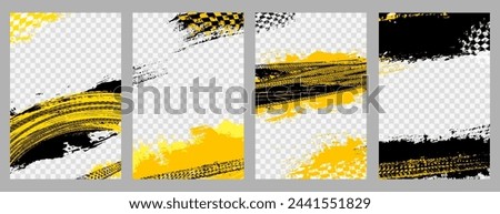 Four grungy background frames with abstract tire tracks and chess flags for your rally car design, place for your photo background - vector illustration