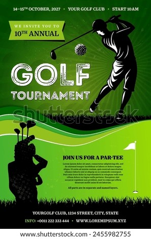 Golf tournament poster template with player silhouette batting ball, bag with clubs and copy space for your text - vector illustration