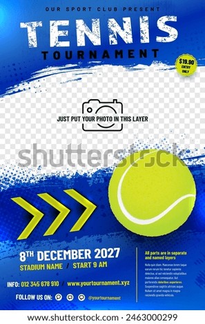 Tennis tournament poster template with ball, arrows and place for your photo - vector illustration