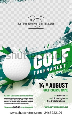 Golf tournament poster template with ball and place for your photo - vector illustration