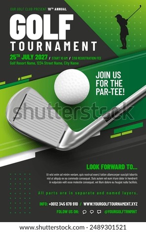 Golf tournament poster template with ball and metal club - sample text in separate layer. Vector illustration.