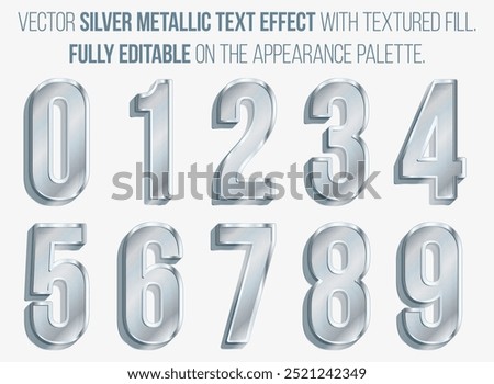 Set of fully editable 3D silver metal shiny numbers with gray textured filling - vector illustration