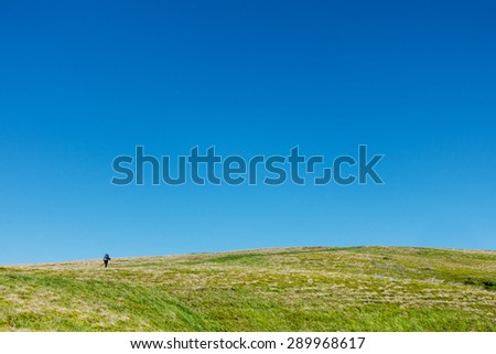 Hiker on the green plain under blue skies - outdoor motive