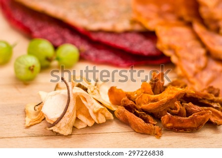 Dried fruit and fruit cakes on wooden board