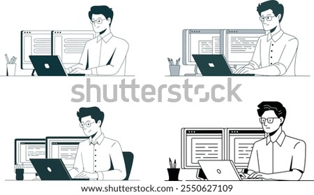 Vector illustrations of programmers at work, coding on laptops with dual screens, software development and technology workspace in modern flat design
