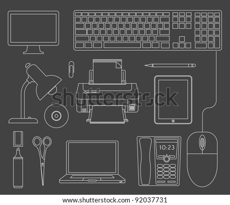 Vector outlined set of office computer devices