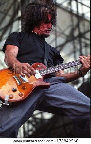 DENVER	JUNE 21:		Guitarist Dan Donegan of the Heavy Metal band Disturbed performs in concert June 21, 2001 at Mile High Stadium in Denver, CO.
