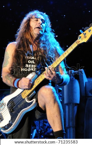 DENVER - JUNE 14: 	Steve Harris bassist for the heavy metal band Iron Maiden performs in concert June 14, 2010 at the Comfort Dental Center Amphitheater in Denver, CO.
