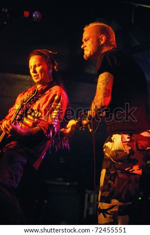 COLORADO SPRINGS, CO. - SEPTEMBER 29: Ivan Moody (R) and Zoltan Bathory of the Heavy Metal band Five Finger Death Punch perform in concert September 29, 2008 in Colorado Springs, CO. USA