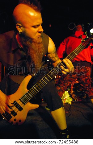 COLORADO SPRINGS, CO. - SEPTEMBER 28: 	Bassist Matt Snell of the Heavy Metal band Five Finger Death Punch performs in concert September 28, 2007 in Colorado Springs, CO. USA
