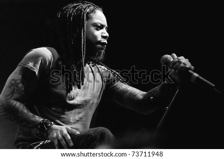 DENVER - APRIL 2: Vocalist Lajon Witherspoon of the Heavy Metal band Sevendust performs in concert April 2, 2003 at the Fillmore Auditorium in Denver, CO.