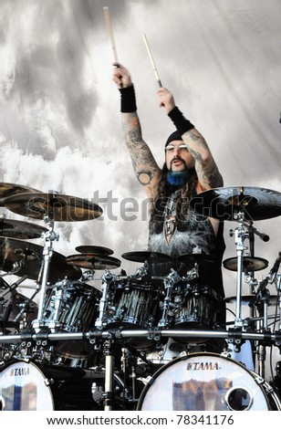 DENVER -JUNE 14: Percussionist Mike Portnoy of the Progressive Metal band Dream Theater performs in concert June 14, 2010 at the Comfort Dental Amphitheater in Denver, CO.
