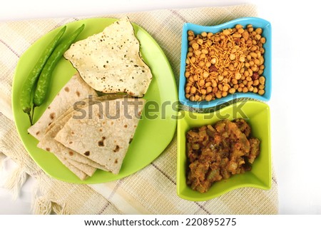 Spicy Vegetable and Roti, Indian Food with green chilli. Indian bread