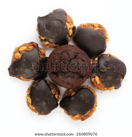 chocolate cup cake & cookies isolated on white.