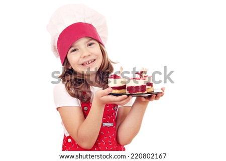 happy little girl cook with sweet raspberry cake
